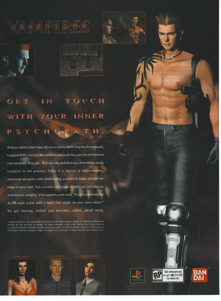 1999 promo poster for the PS1 survival horror game Countdown Vanpires. It has the standard overly shiny renders of the various characters with the main one being Keith - a buff blonde Corbin Fisher bottom looking guy with genuinely awful tribal tattoos.