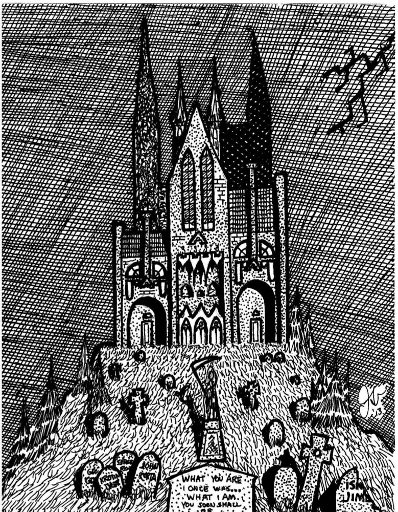Ballpoint pen on printer paper drawing of an edgelord-y haunted house I drew waaaaaaaaaay back in the day when I was supposed to be paying attention in Stats. Still aced the class, tho