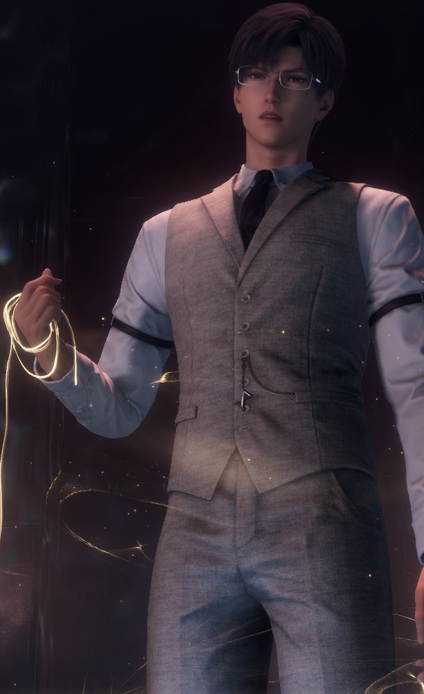 Zayne is still holding the gold rope but it appears he is lecturing the person in front of him.