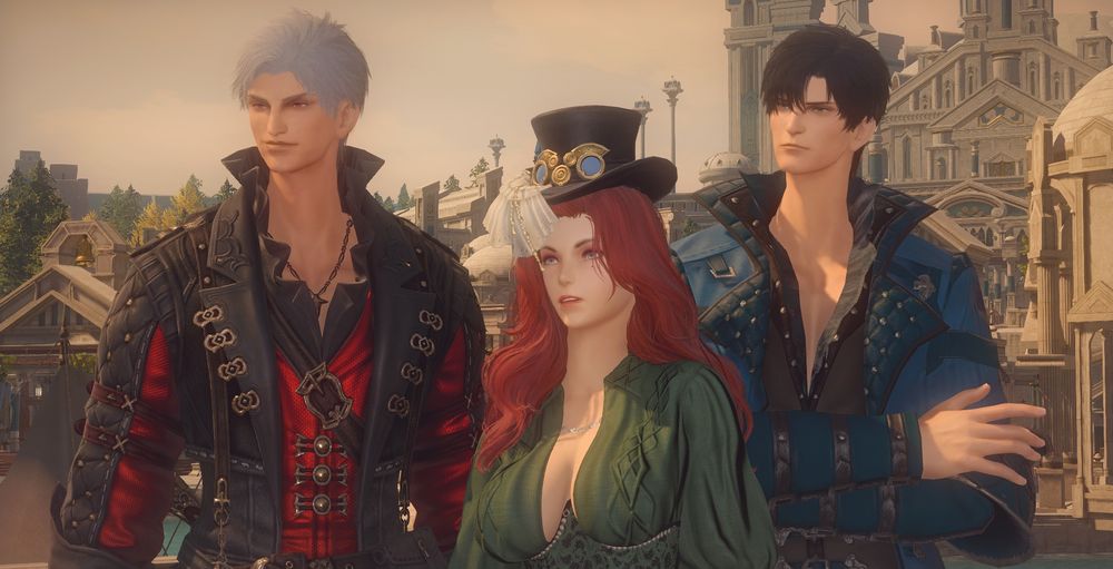 From left to right: Sylus dressed in a red and black adventuring outfit covered in buckles, Isabelle (LaDS!MC) in a low cut green silky outfit inspired by steampunk, and Zayne in a blue and black coat showing off some cleavage.

Isabelle and Zayne look unamused at something off camera while Sylus smirks.