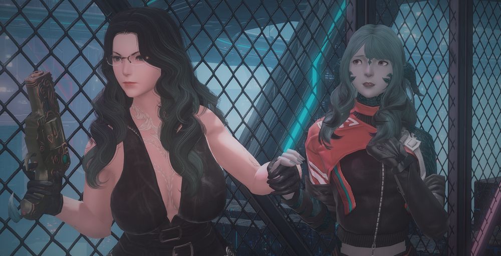 Mira, a black haired hyuran woman, holds the hand of her daughter, who appears worried. Both of them are running away from something as Mira holds a gun up as a means of protection.