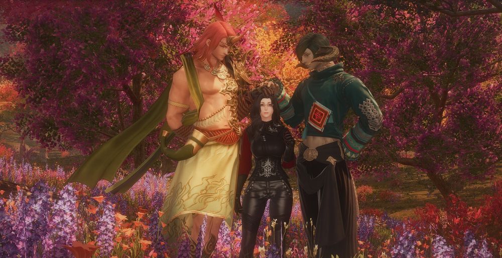 Mira, a hyuran woman, stands in between her two loves and looks up. Oschon in his god form on the left and Vrtra on the right, each have a hand on her head and smile.