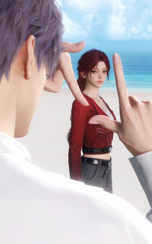 Rafayel holds his hands in a picture taking pose with each of his thumbs and index fingers out like a square. The square is focused on Yua's face, who looks surprised at the scene.