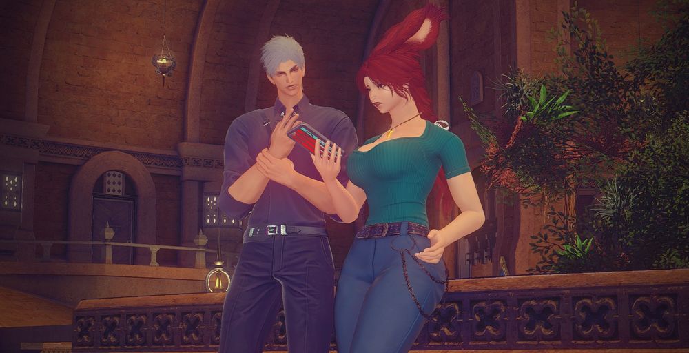 Yua looks down at her time phone and makes a disgusted facial expression. Sylus stands beside her rubbing his wrist and looks a little concerned.