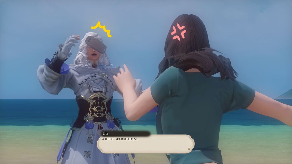 Lita throwing the Nokia at Astra's head while a dialogue bubble pops below her with the words A TEST OF YOUR REFLEXES!! show up.

Astra appears to not like having a phone thrown in his face, it covering his eyes but his mouth appears surprised.