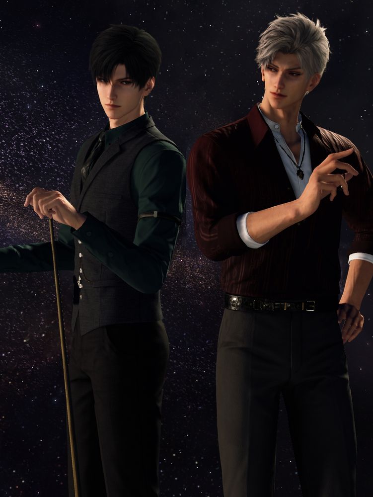 Zayne and Sylus from Love and Deepspace standing side by side with a background of stars.