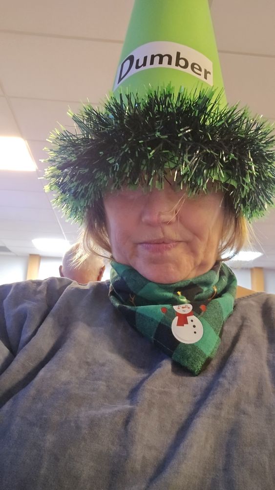 Im wearing a green Tinsel dunce hat as a bit of fun and a green snowman bandana that belongs to my dog.
