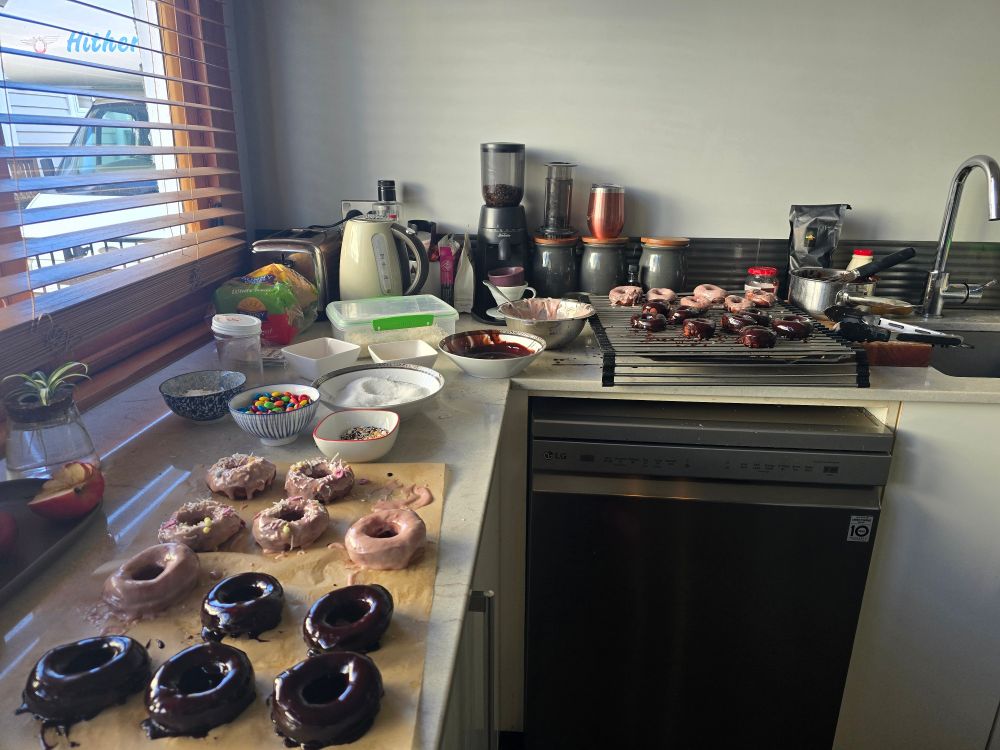 Donuts being iced 