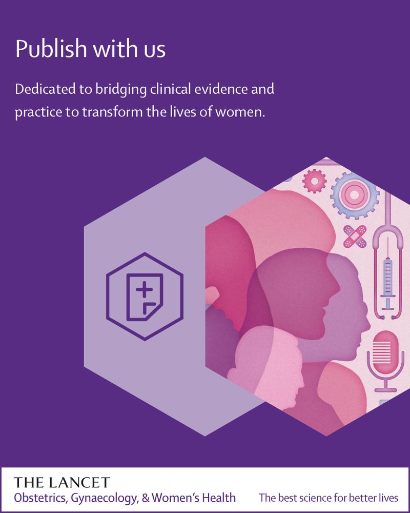 Text is on a purple background and says "Publish with us. Dedicated to bridging clinical evidence and practice to transform the lives of women".  An illustration in pink depicts women in medicine. 