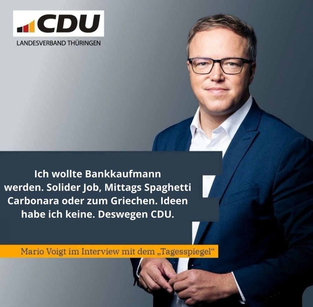 Ein ultralangweiliger CDU Mensch, der sich als Mario Voigt identifiziert erklärt in wenigen Sätzen wie sinnlos ein bürgerliches Leben sein kann