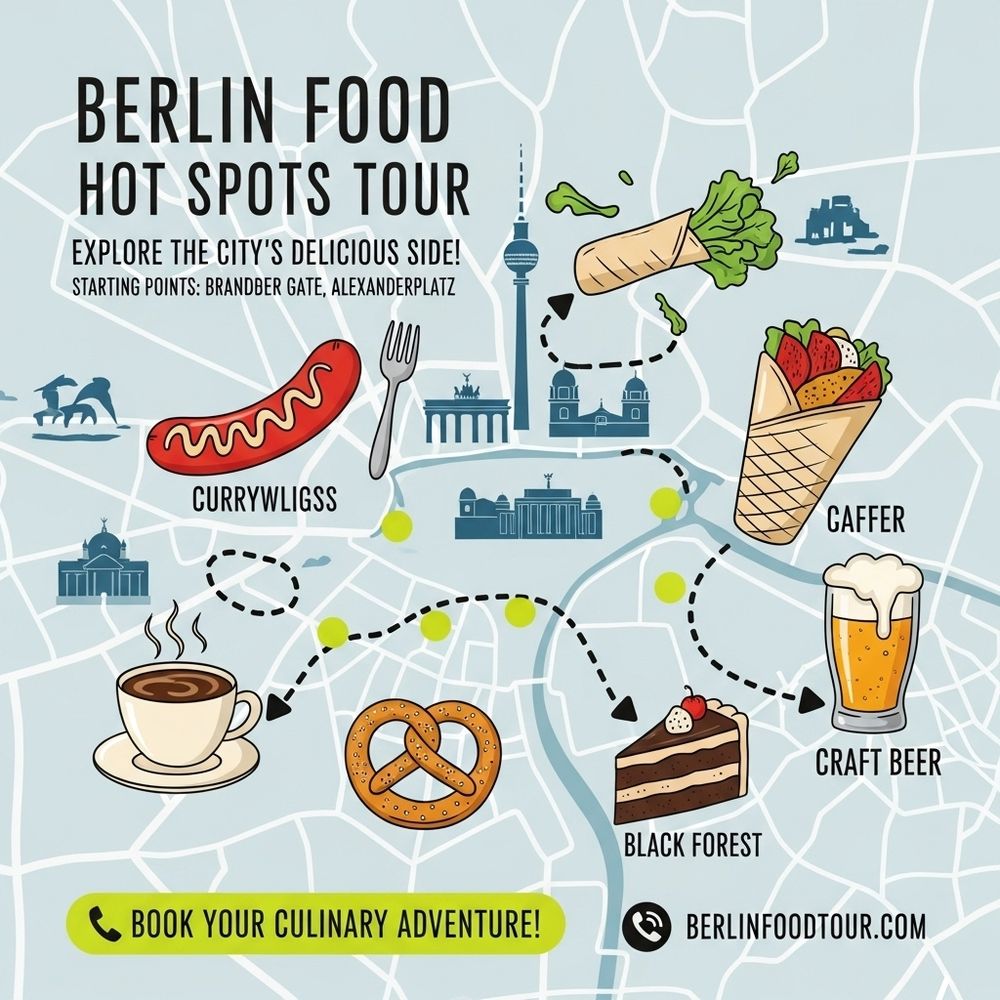 An AI generated illustrated flyer of a Berlin Food Tour starting at Brandber Gate and featuring a Currywligss, a Caffer and a slice of Black Forest