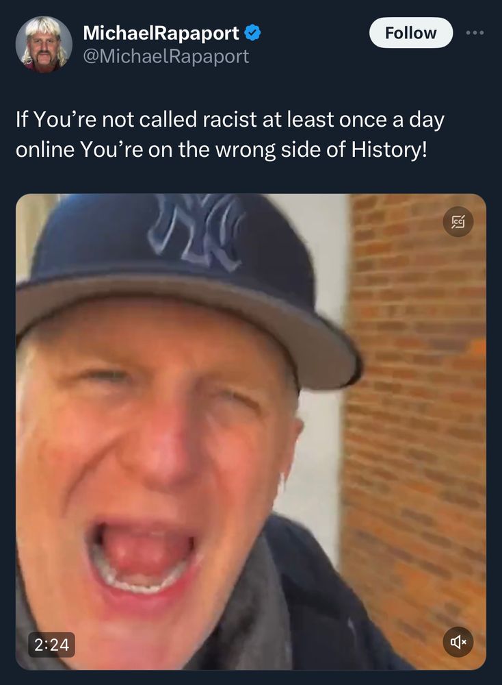 Tweet from pasty, ham-faced racist Michael Rapaport claiming that “If you’re not called racist at least once a day online You’re on the wrong side of History!”