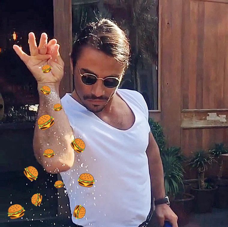 Salt Bae sprinkling clip-art images of burgers