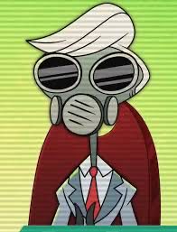Cartoon character with a white quiff, in a grey suit, white collared shirt and red tie with a gas mask for a face. Character is visible from mid chest up and is sitting in a chair with a red back.