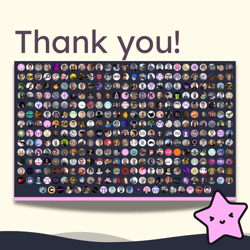 Square graphic with "Thank you!" as a headline. Below it there's a screenshot from GitHub Sponsors profile pictures of current Gleam sponsors with smiling Lucy - Gleam's mascot.