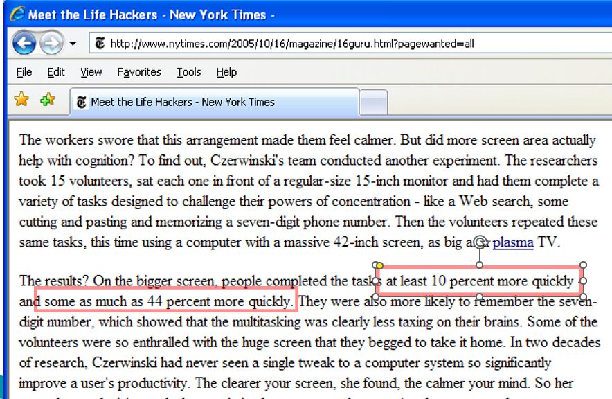 Excerpt from a NYT article "Meet the Life Hackers" that reports faster task completion, including a reference to 44% improvement that isn't mentioned anywhere in the research paper