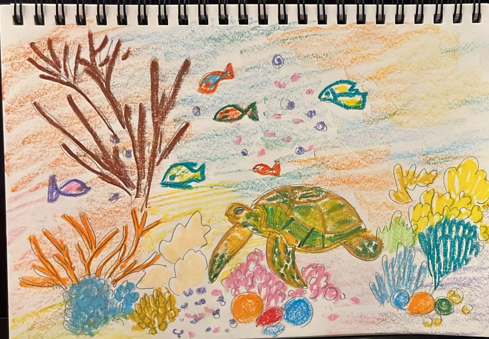 Hand drawn doodle depicting sea life turtle, fishes and corals. 