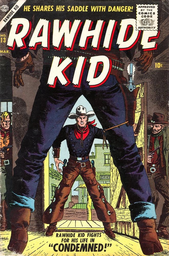 The Rawhide Kid #13 (1956). The cover shows the Kid and another man in a saloon about to draw their guns on each other. But the perspective of the cover is interesting because it’s from behind the Kid’s opponent, so you can see through his legs that the kid is standing at the front door, which is open so the reader can see part of the town outside.
