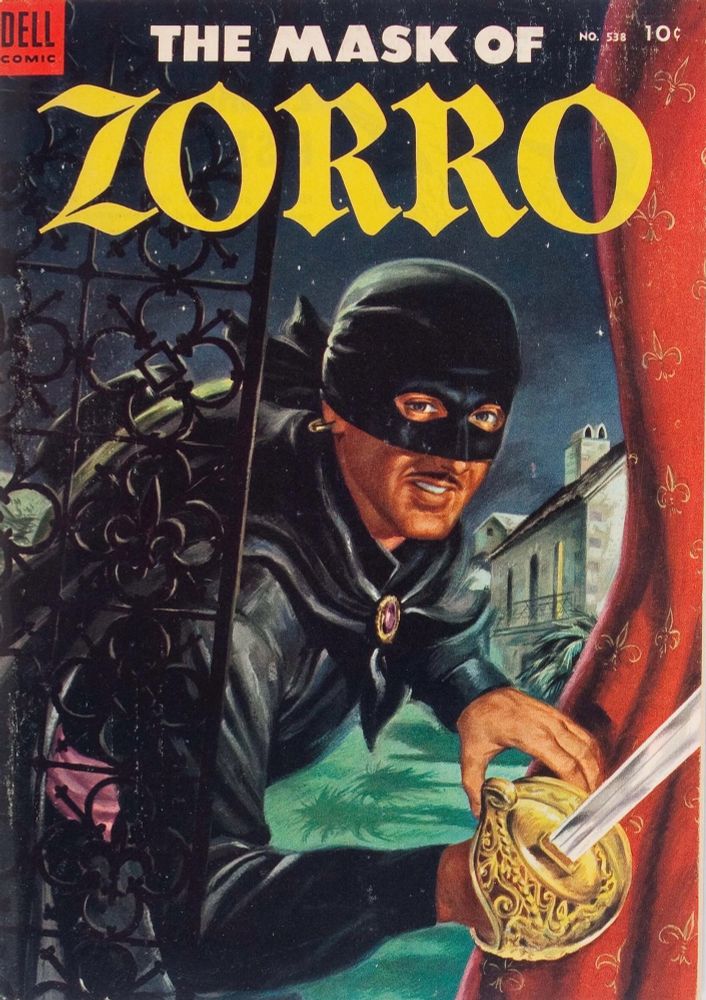 Four Color #538 (1954), featuring "The Mask of Zorro." The cover shows Zorro entering a house as he pushes a window and drapes aside. He has his sword drawn and his mask on but no hat.