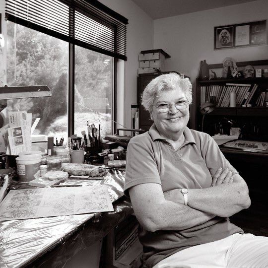 A black and white photo of Severin in her office.