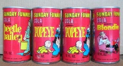 "Sunday Funnjes Cola." Two soda cans featuring Popeye, one featuring Bettie Bailey, and another featuring Dagwood from Blondie.