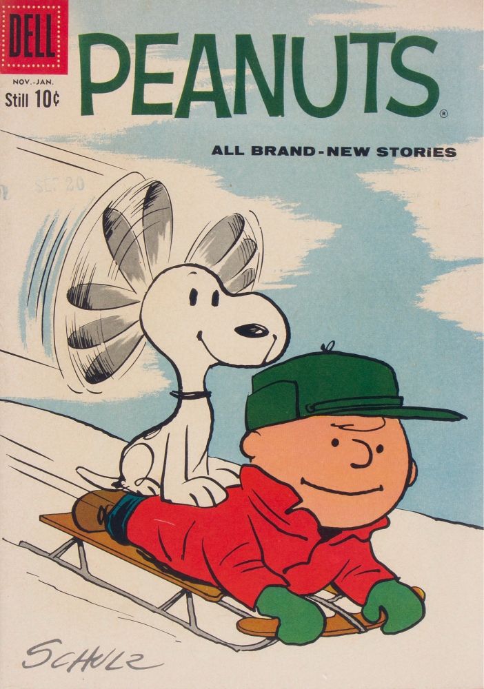 Peanuts #7 (1960). On the cover, Charlie Brown is riding a sleigh down a snow covered hill while Snoopy sits on his back. They are both smiling and Snoopy’s ears are spinning.