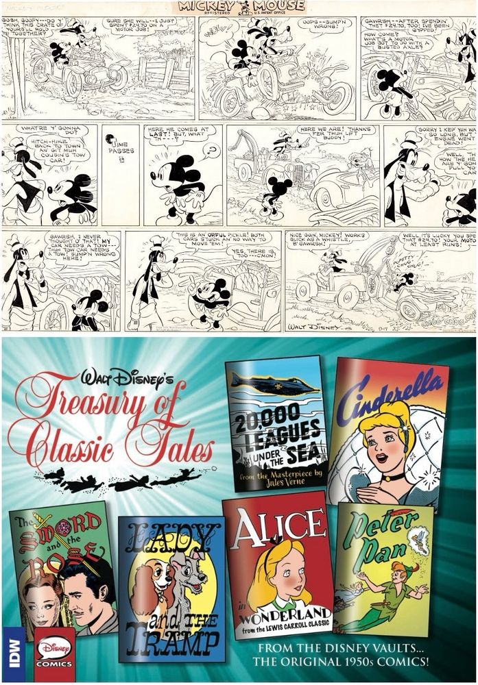 An original page of art by him from the Mickey strip and the cover to a collection of Walt Disney's Treasury of Classic Tales comic strip.