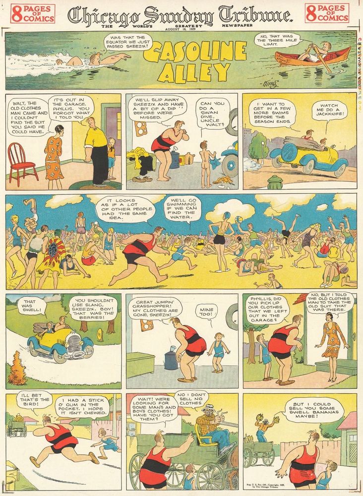 While Walt and Skeezix are getting ready to spend a day at the beach, Phyllis asks him where the suit is he is giving to the old clothes man. They arrive at the beach, and manage to have a good time despite the huge crowd. When they get home, Walt can’t find the clothes they were wearing earlier and panics. He sees a man in a carriage and thinks it’s the old clothes man so he runs after him. It turns out he is just a guy selling bananas but he is unable to make a sale with Walt.