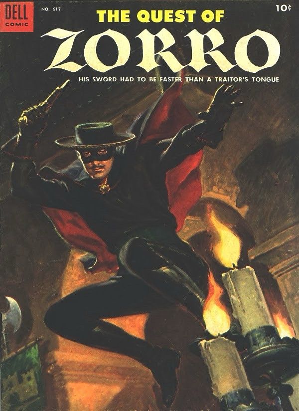 Four Color #617 (1955), featuring "The Quest of Zorro." The cover shows Zorro leaping down from above with a pistol in hand.