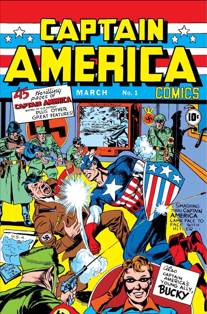 The cover to Captain America Comics #1, with the famous image of Cap punching Hitler.