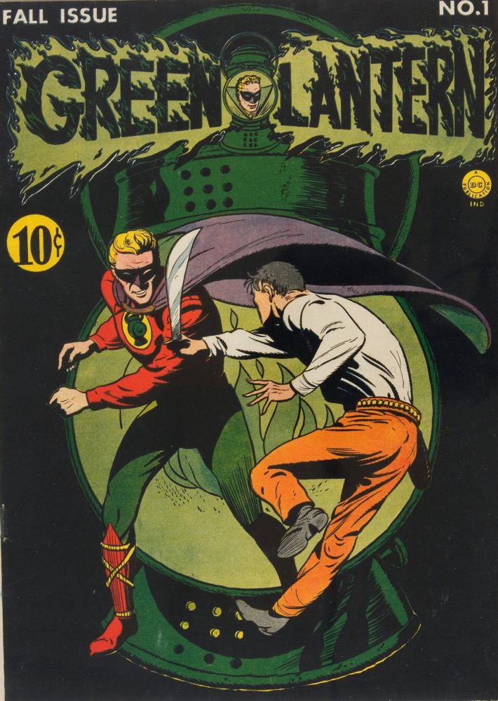 Green Lantern #1 (1941). On the cover Alan Scott as Green Lantern is fighting a man with a sword. Behind him is a large green lantern.