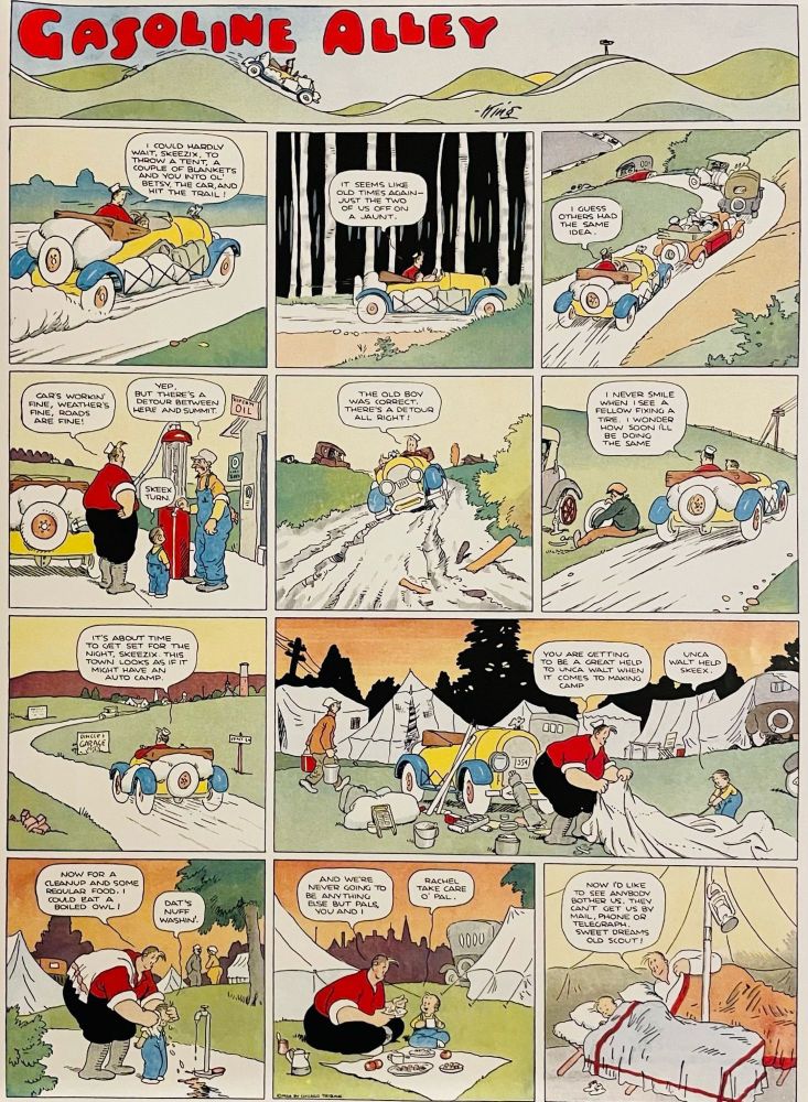 In this Sunday strip, Walt takes young Skeezix for a road trip. Eventually, they find an “auto camp” where they set up a tent, have a meal, and then get some much needed rest.