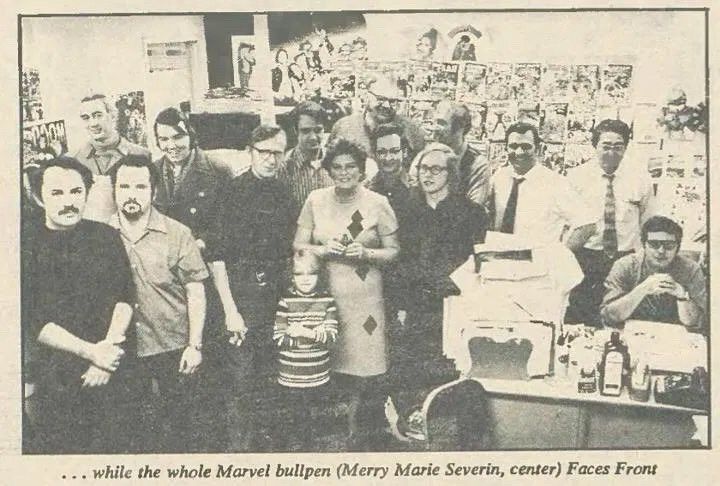 A photo of the Marvel bullpen from a 1971 Rolling Stones article with Severin standing in the middle.
