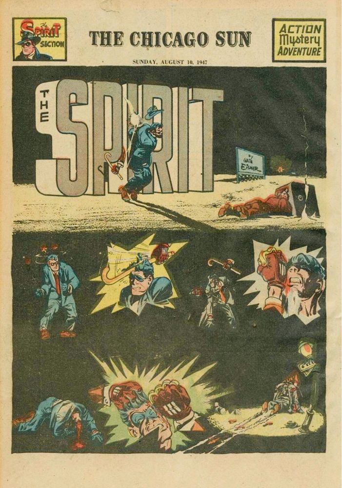 At the top of the page, the Spirit is stumbling by his logo when an arm reaches out and strikes him with a cane. He is then repeatedly punched and hit with the cane until he passes out and then he is dragged away.