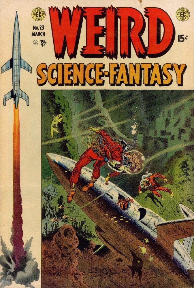 Weird Science-Fantasy #23 (1954). On the cover, a rocket ship rests on an ocean floor while the dead bodies of the astronauts float in the water.