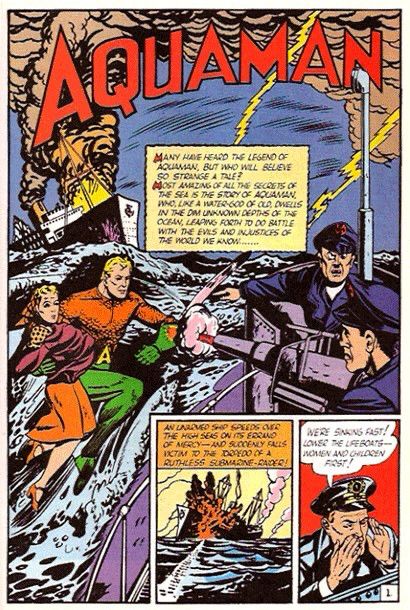 A splash page from Aquaman by Norris. He is confronting a Nazi boat that is firing on him. He is also holding a woman it appears he rescued from the water.