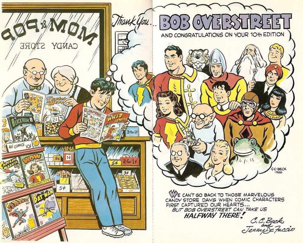 Billy Batson is leaning against the counter at "Mom & Pop Candy Store." There is a display of Fawcett comics nearby and Billy is reading an issue of Whiz Comics. There is a thought balloon that holds images of the Marvel Family, Spy Smasher, Bulletman, Tawky Tawny, Dr. Sivana, Beautia Sivana, Ibis the Invincible, & other Fawcett characters.
