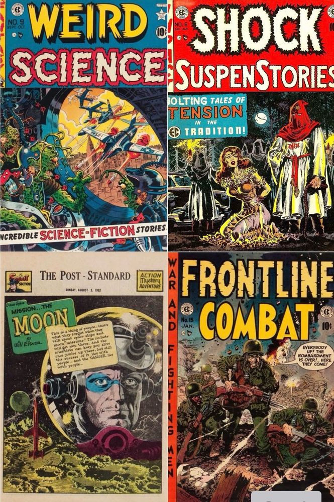 Four covers by Wood: Weird Science #9, Shock SuspenStories #6, The Spirit from August 2, 1952, and Frontline Combat #15.