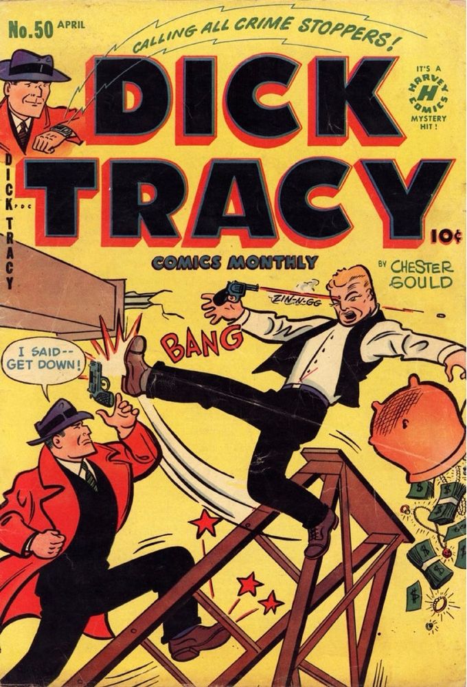 Dick Tracy #50 (1952). On the cover, Tracy ordered a crook down from a ladder, but the crook has slipped and shot himself in the head.