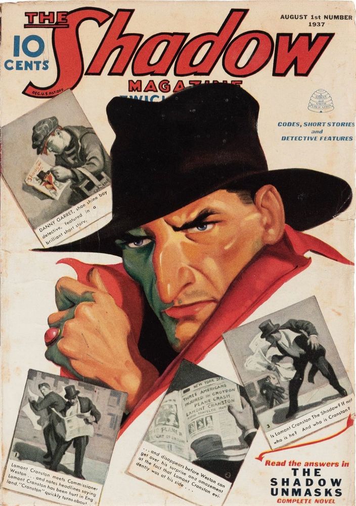 The cover shows the Shadow’s head in the middle with several scenes from the stories inside around it.