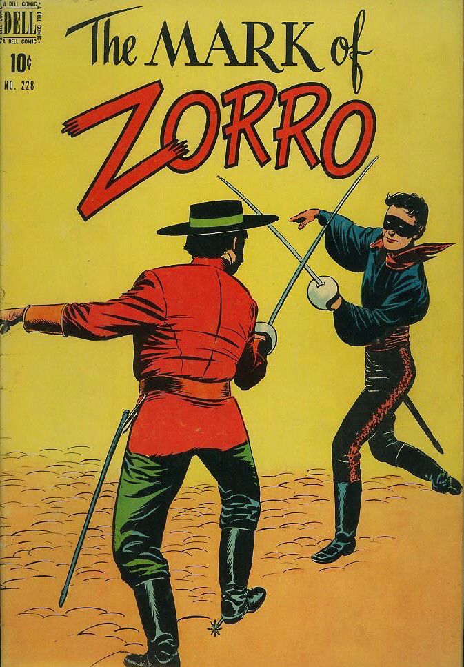 Four Color #228 (1949), featuring The Mark of Zorro. The cover shows Zorro sword fighting with a soldier.