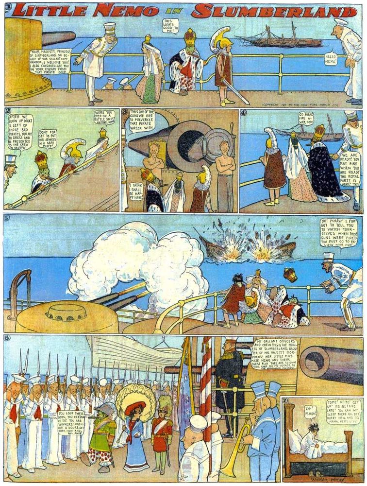 Nemo, the Princess, and Flip are welcomed aboard a Slumberland Naval ship after their escape from pirates. They watch as canons are used to pulverize the remains of the pirate ship.