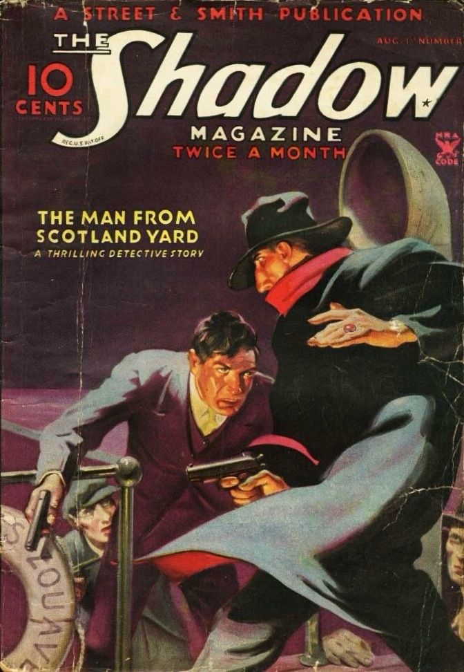 On the cover, the Shadow is standing on the deck of a ship, holding a gun in his right hand. Two armed men are approaching him.