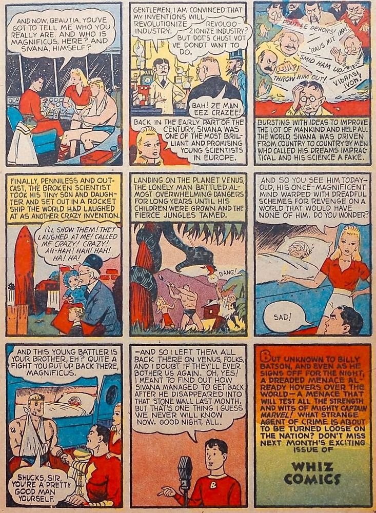 In nine panels, Sivana’s daughter, Beautia, tells of how he was a young, brilliant scientist full of ideas to help humanity. When he was repeatedly rejected because his ideas were considered impractical or his science fake, he grew bitter and moved to the planet Venus. He raised his kids there and his mind grew warped with dreadful schemes of revenge.