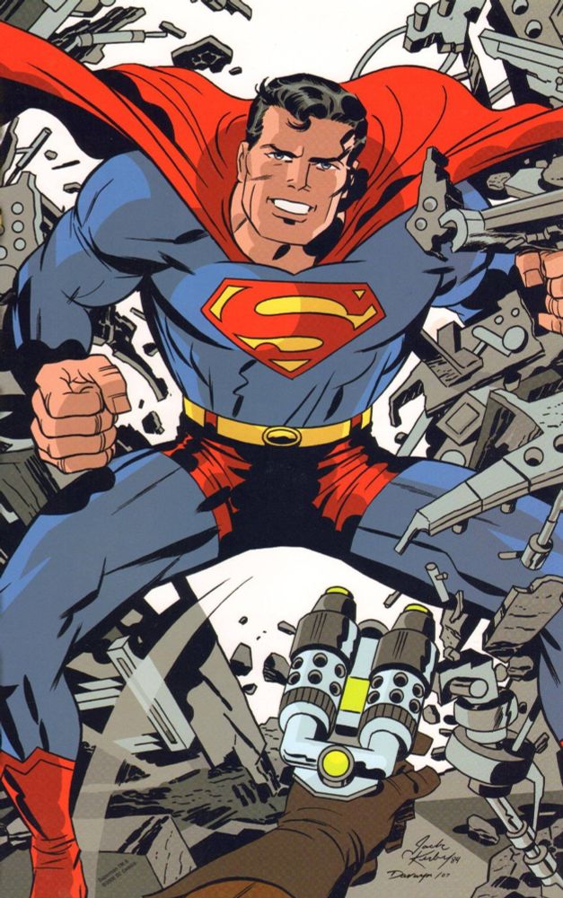 Superman busting through a wall with metal debris flying everywhere. At the bottom center, we can see the hand of someone pointing a futuristic looking gun at Superman.