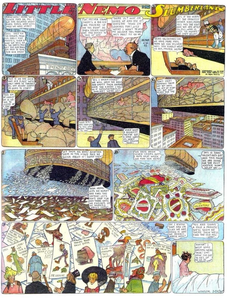 Nemo and the Princess have caught a ride on a large airship (dirigible) in their search for Dr. Pill, but must help it to deliver Valentine’s Day cards before they can continue. Three of the panels show thousands of cards being dropped from the airship.