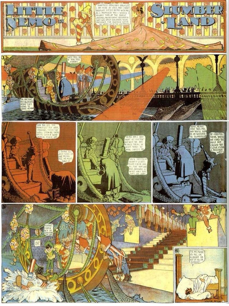 In this installment, Nemo is riding a beautiful boat along the river on his way to see the Princess. It is being pulled by alligators and there are spotlights shining on him from the city. At the end, the boat arrives in front of a large staircase, but as it is docking, Flip falls overboard into the water.