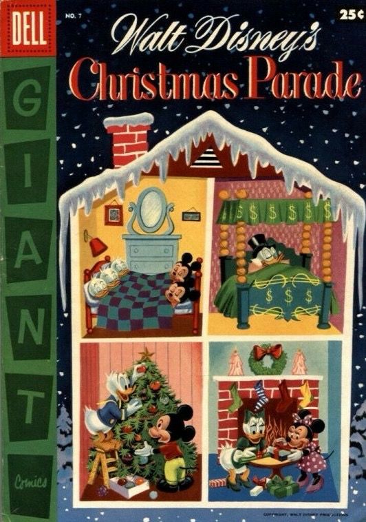 Walt Disney's Christmas Parade #7 (1955). On the cover, we see four rooms inside a home. In one, Donald Duck and Mickey Mouse decorate a Christmas tree. In another, Minnie Mouse and Daisy Duck wrap presents. Upstairs, Scrooge McDuck is asleep in one room, while Huey, Duey, Louis, Morty, and Ferdie sleep in another.