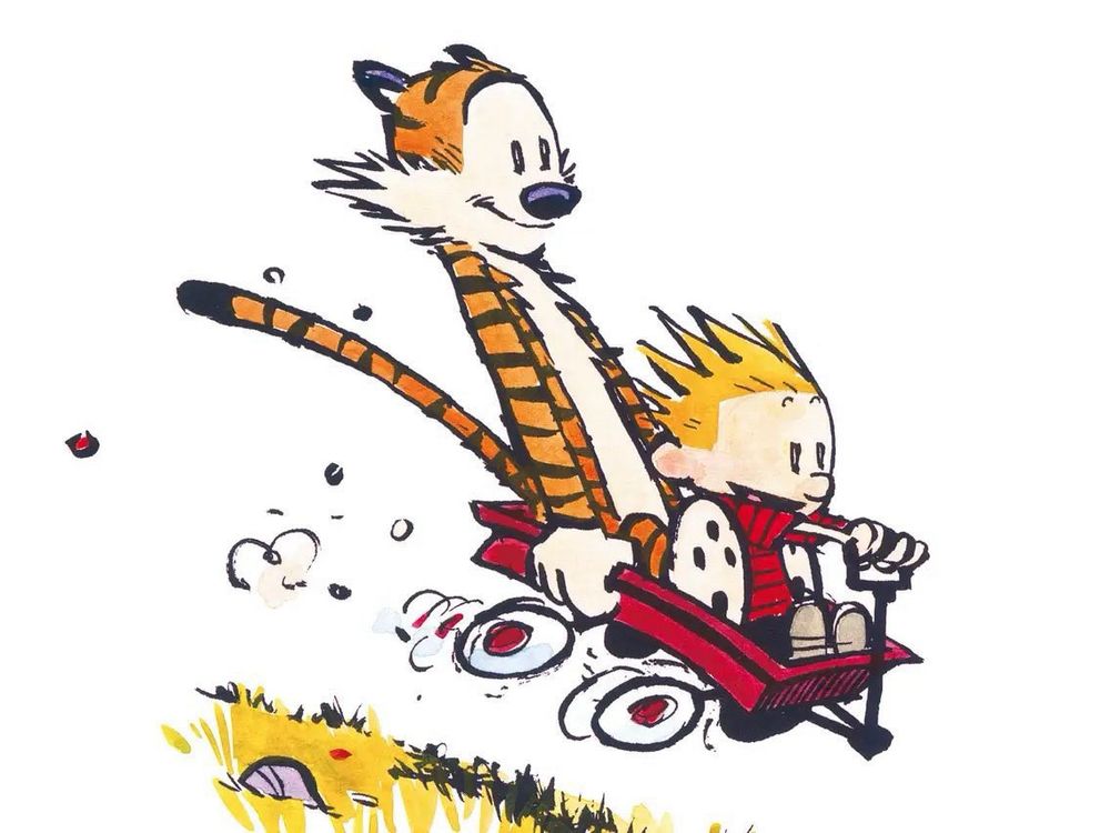 A panel of Calvin and Hobbes riding their radio flyer red wagon.