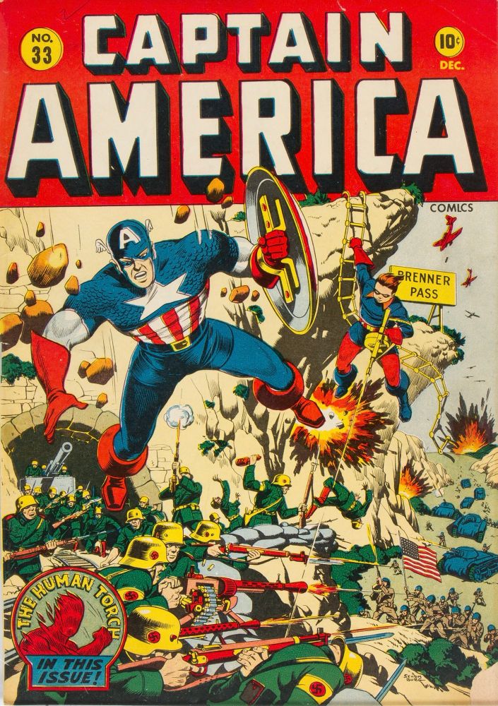 Captain America Comics #33 (1943). The cover shows an army of Nazi soldiers on a hillside firing down at American soldiers. The Americans are holding up an American flag and there are tanks backing them up. Most of the Nazis don't see Captain America jumping down from a cliff above them. Bucky is also descending a ladder and firing his machine gun at the Nazis.